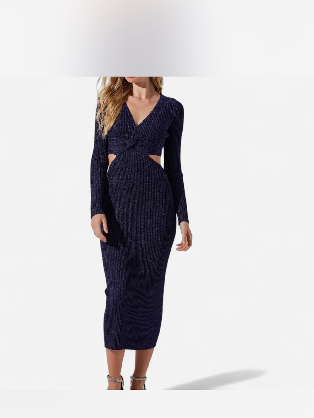 Astr Twist-Front Cutout Midi Dress in Navy Sparkle